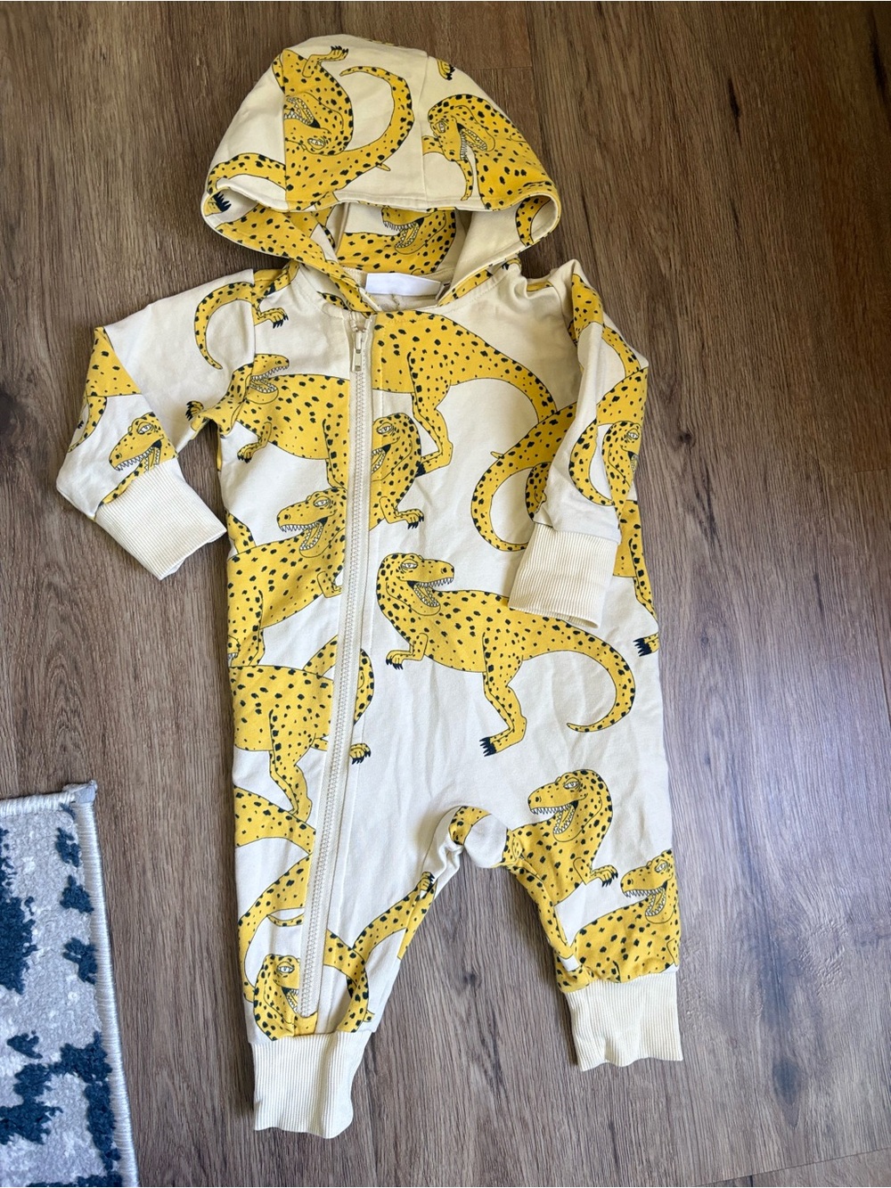 Mini Rodini Yellow Dino Leopard-Print Hooded Baby One-Piece
